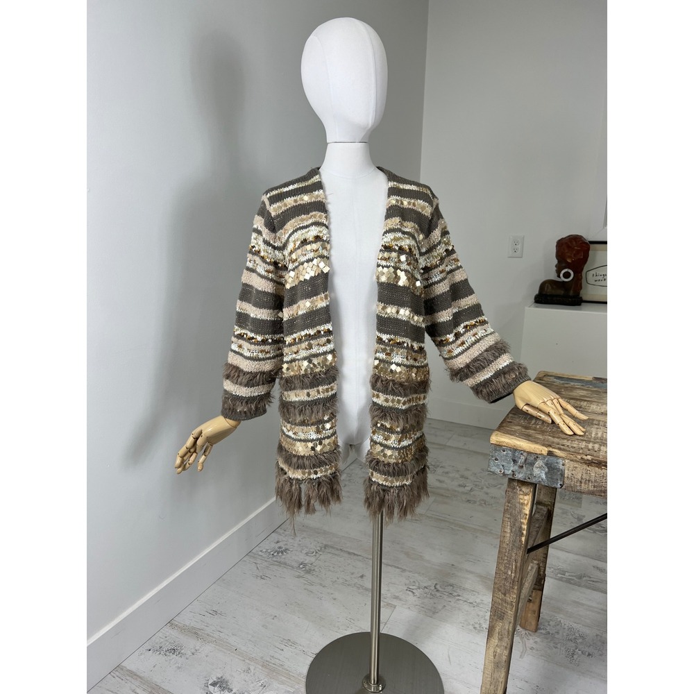 Chico's Greta Cardigan Sweater Women's Slinky Fringe Faux Fur Size 3‎